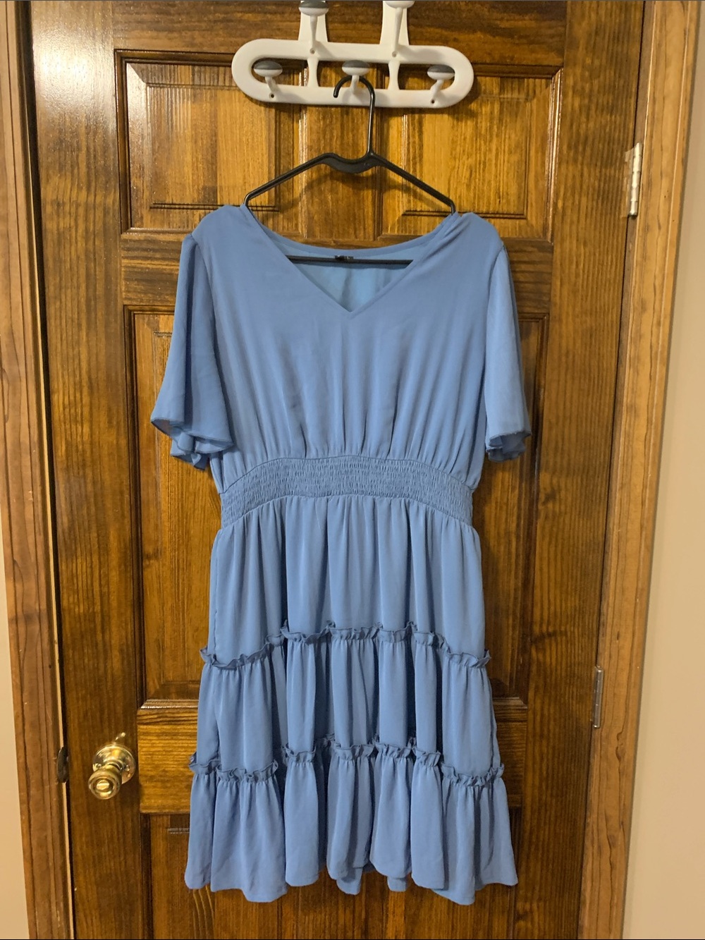 Light Blue V-Neck Smocked Waist Tiered Midi Dress